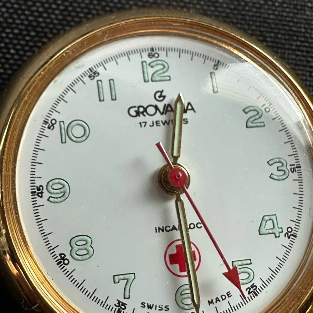 Vintage Grovana Swiss Nurse Fob Watch Brooch Gold Tone White Dial Incabloc Pin